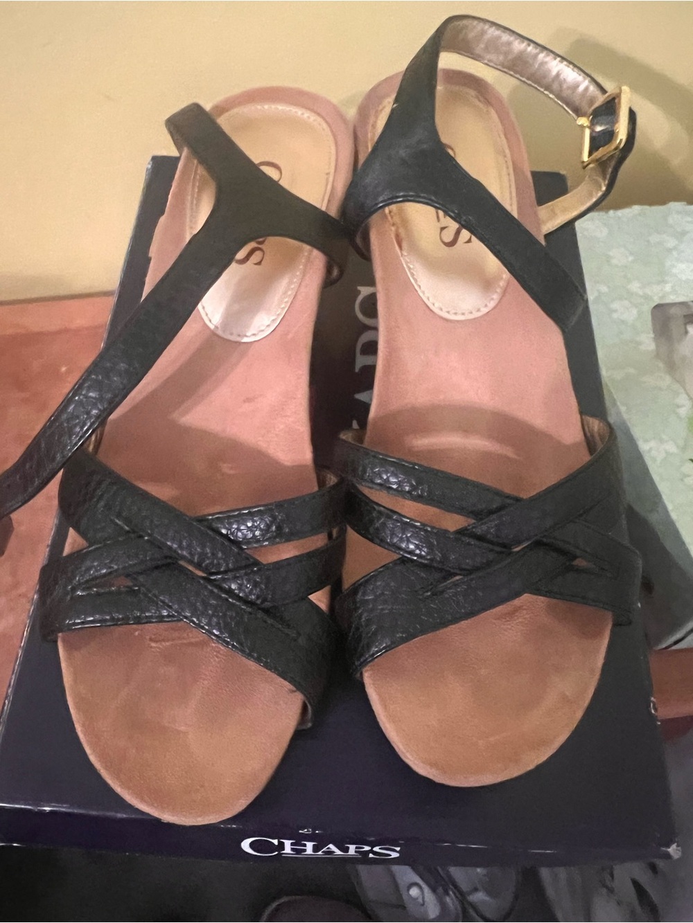 Chaps Black Strappy Open-Toe Sandals with Ankle Buckle